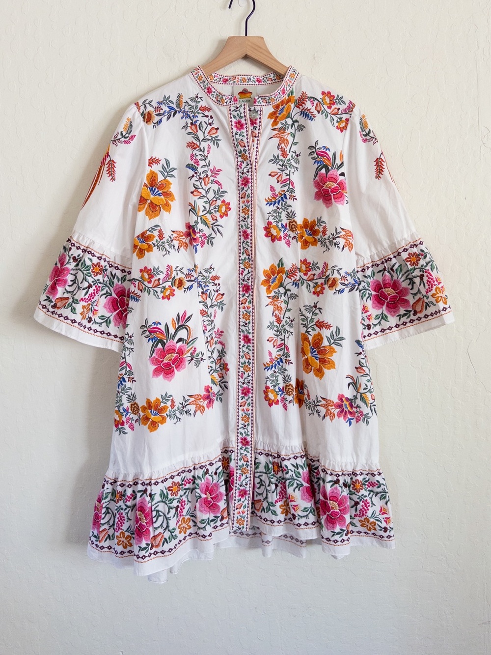 Farm Rio 100% Cotton Off-White Delicate Forest Scarves Mini Dress XL Boho Party - Picture 10 of 16